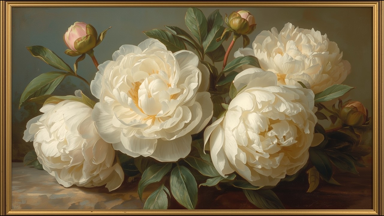 Vintage White Peonies Oil Painting | Elegant Gold Frame | Timeless Floral Art | TV Screensaver 4K