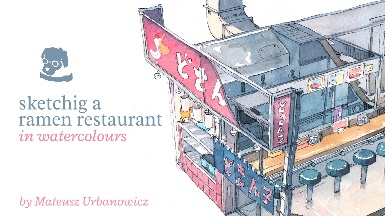 Sketching a ramen restaurant with watercolours.