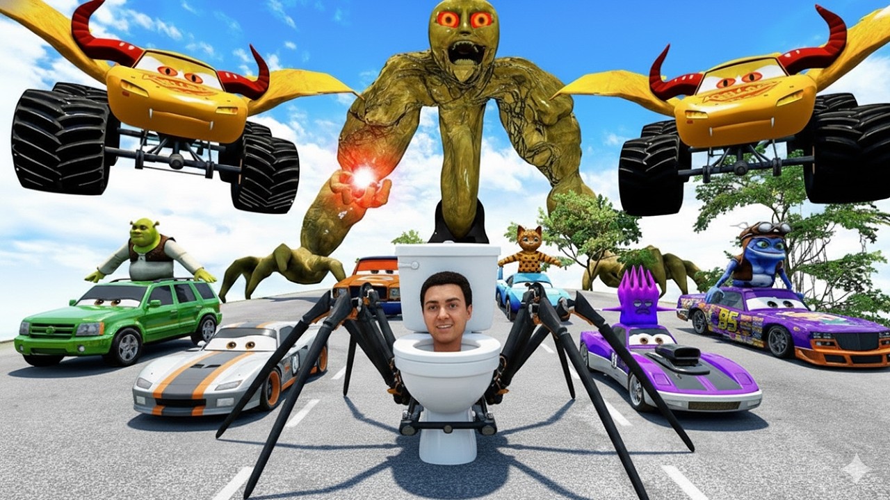Big & Small Cars vs Downhill Madness with Choo-Choo Charles & Skibidi Toilet EATER BeamNG.Drive
