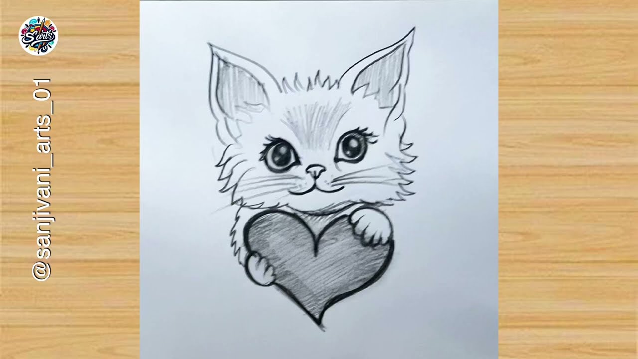 Cute Kitten Holding Heart Drawing ❤️ | Easy Pencil Drawing Step by Step for Beginners