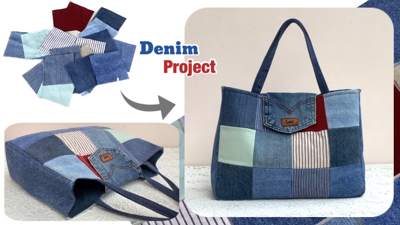 Sewing diy a denim tote bag multi pockets tutorial , tote bag patterns,diy denim patchwork tote bag