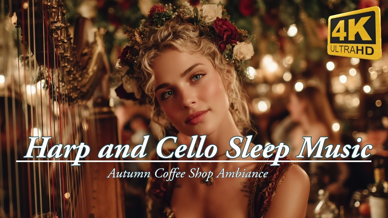 12 Hours Harp and Cello Sleep Music with Autumn Coffee Shop Ambiance