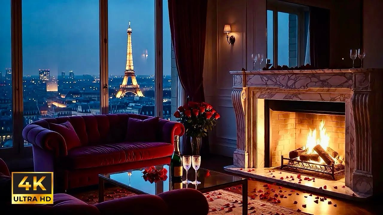 Valentine’s Day in Paris 🇫🇷🔥 Romantic Fireplace & Soft Jazz 4K | Eiffel Tower Night
