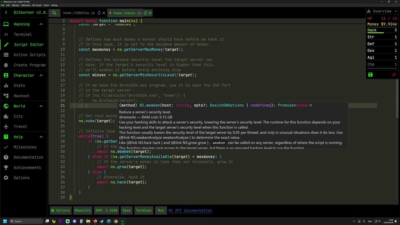 Let Play Bitburner #002 Script Anpassungen, Argumente, Open js