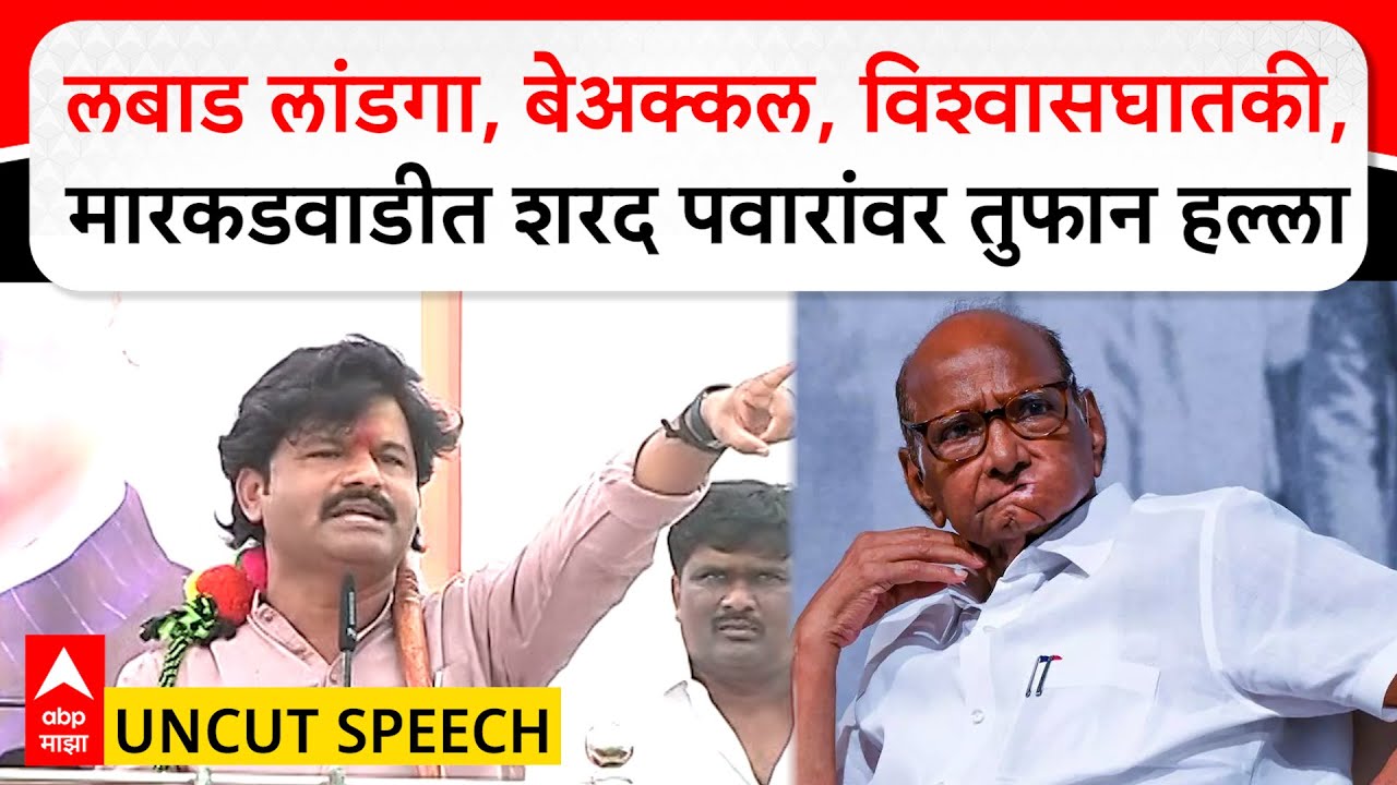 Gopichand Padalkar speech Markadwadi:लबाड लांडगा,बेअक्कल,विश्वासघातकी,मारकडवाडीत शरद पवारांवर हल्ला