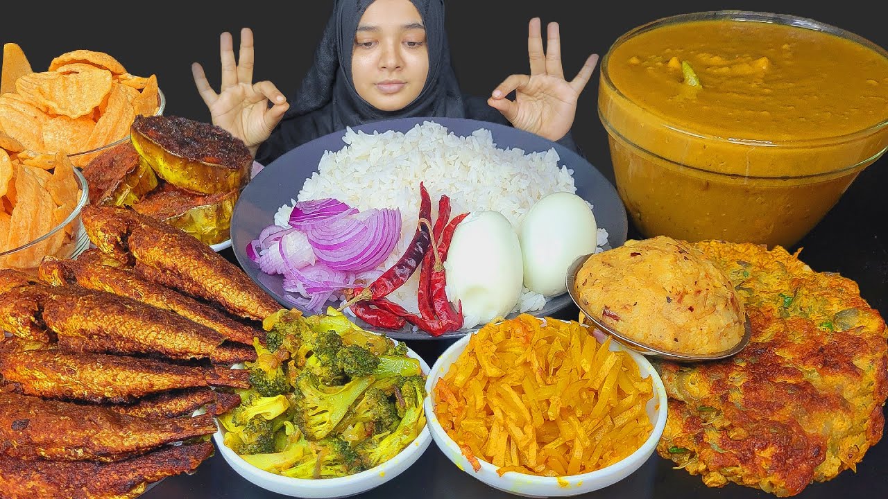 ASMR EATING DAL CHAWAL, DIFFERENT TYPE OF BHARTA, HUGE WHOLE FISH FRY, OMELETTE, FOOD VIDEO *ASMR