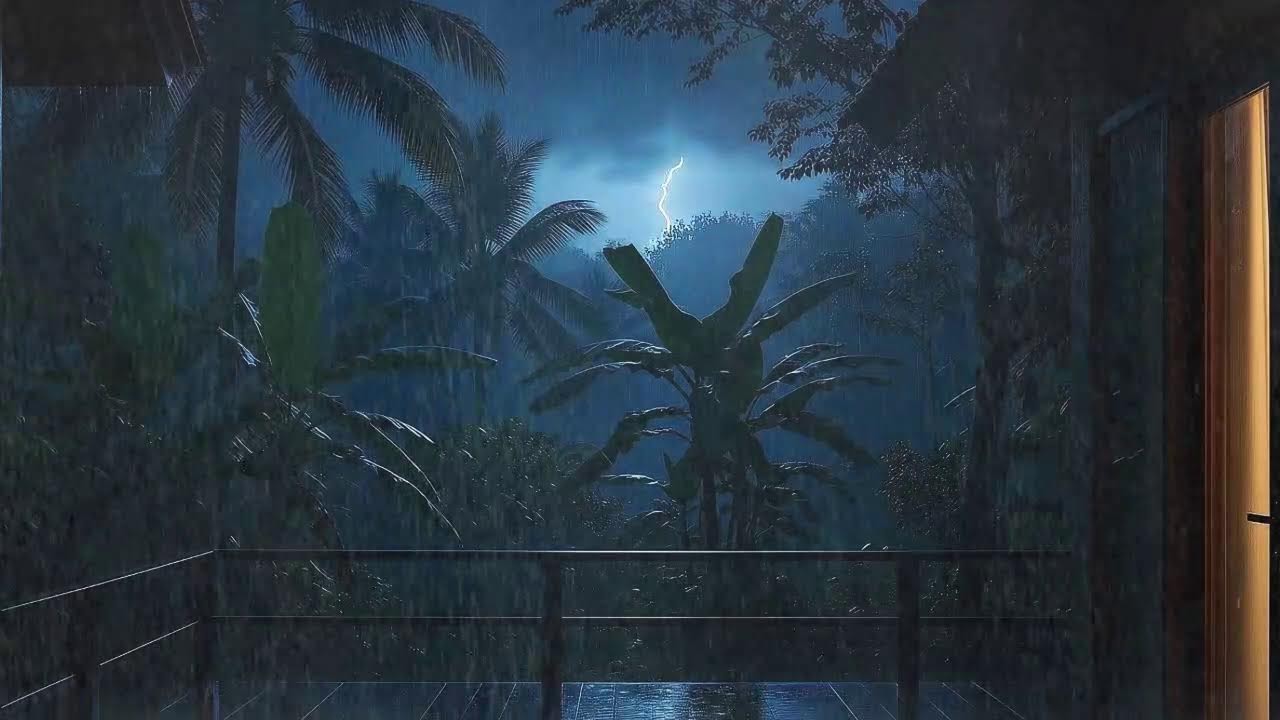 Drift to Sleep with Steady Rainfall and Rolling Thunder Murmur at Wooden Cabin Terrace 🌧️