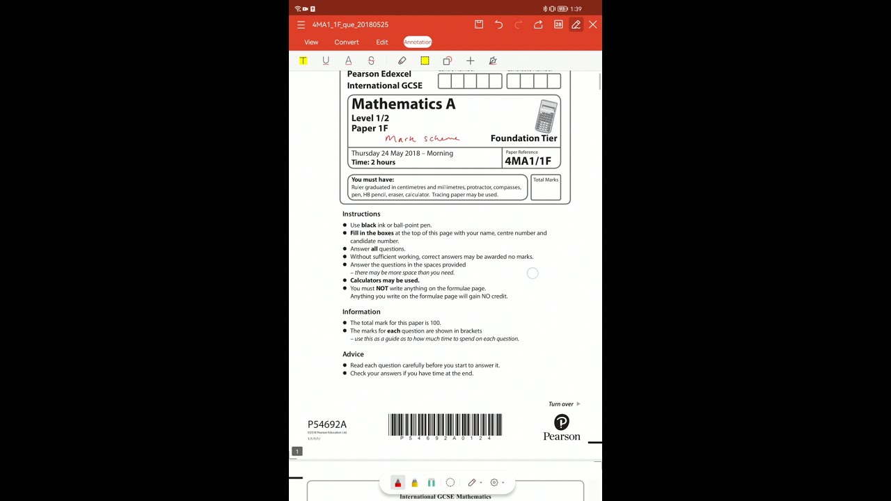 May 2018 iGCSE Edexcel Mathematics A Foundation Tier Paper 1F 4MA1/1F P54692A