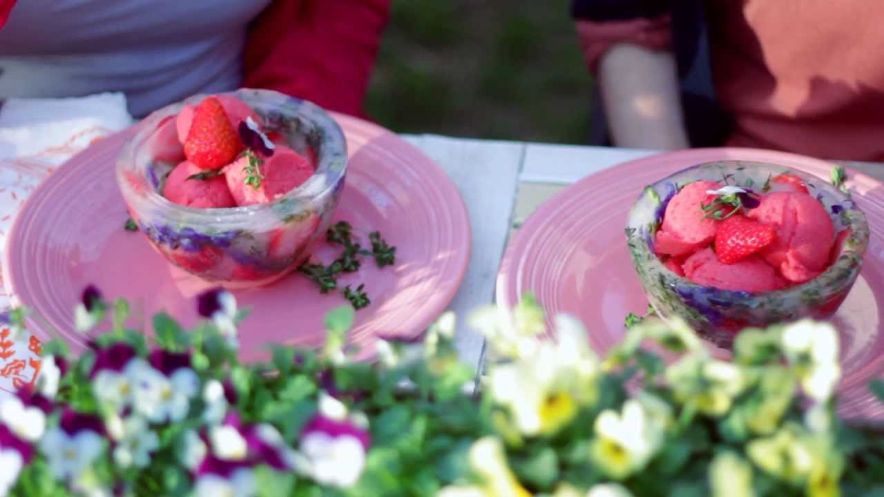 Strawberry Rhubarb Sorbet in Ice Bowls