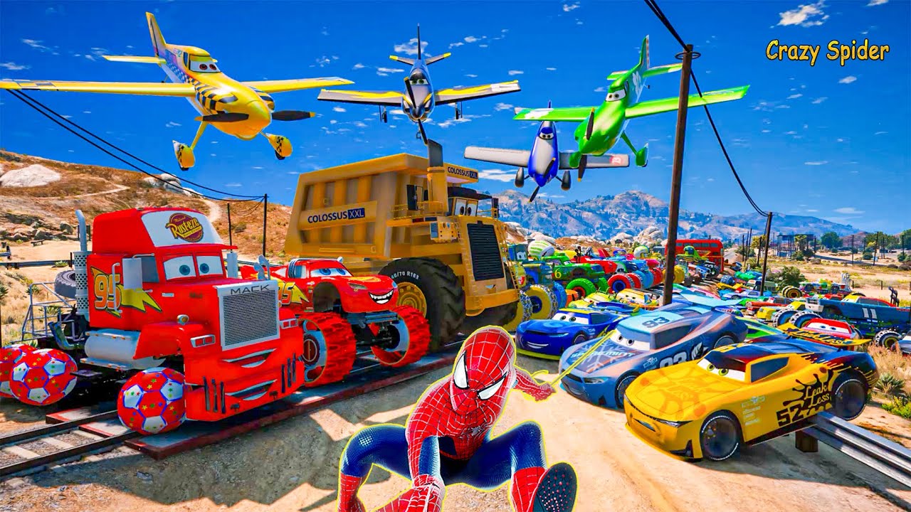 Disney Pixar Cars Racing Toys | Lightning McQueen Mack Truck Police Mater High Impact | Crazy Spider