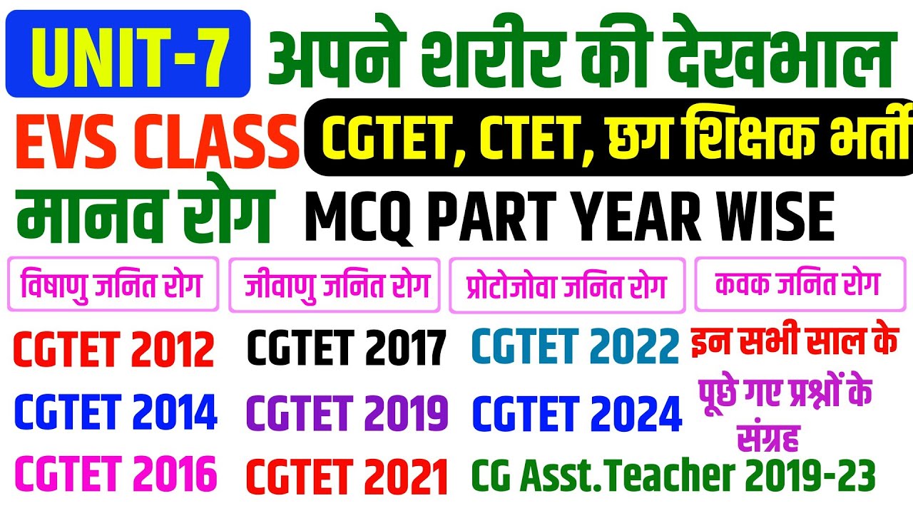EVS UNIT-7 :  अपने शरीर की देखभाल | मानव रोग | HUMAN DISEASE | MCQ PART | CGTET 2012 से 2024 तक |