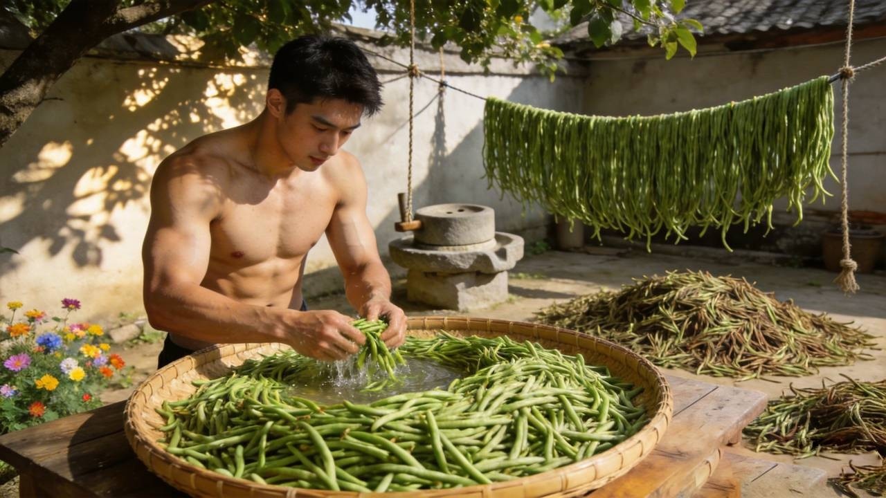Sunlight is poured into the bean pods to dry the green beans for preservation.