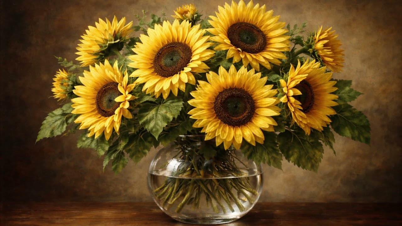 ​Golden Sunflowers in a Crystal Vase | 4K Classic Oil Painting Motion Art 