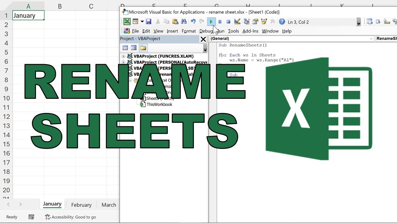 Rename multiple sheets at once to match cell values in excel