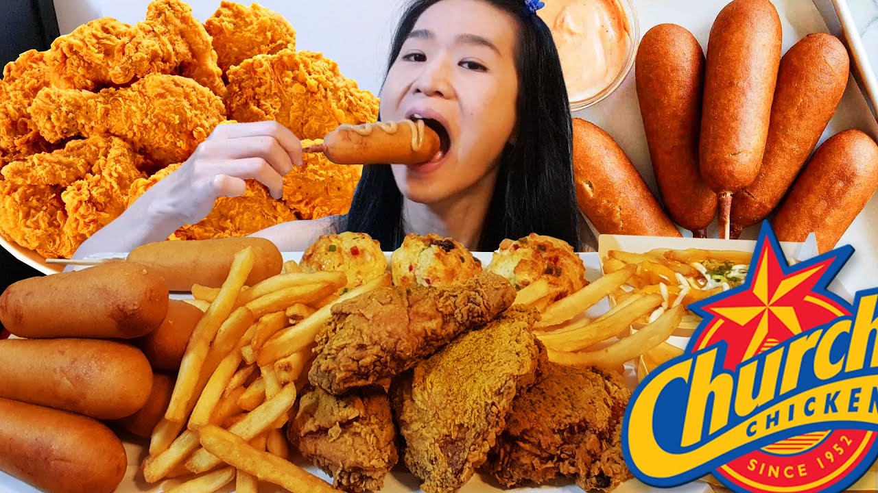 Church's Fried Chicken & Corn Dogs Mukbang! Garlic & Herb Crispy Chicken & Cheese Fries - ASMR