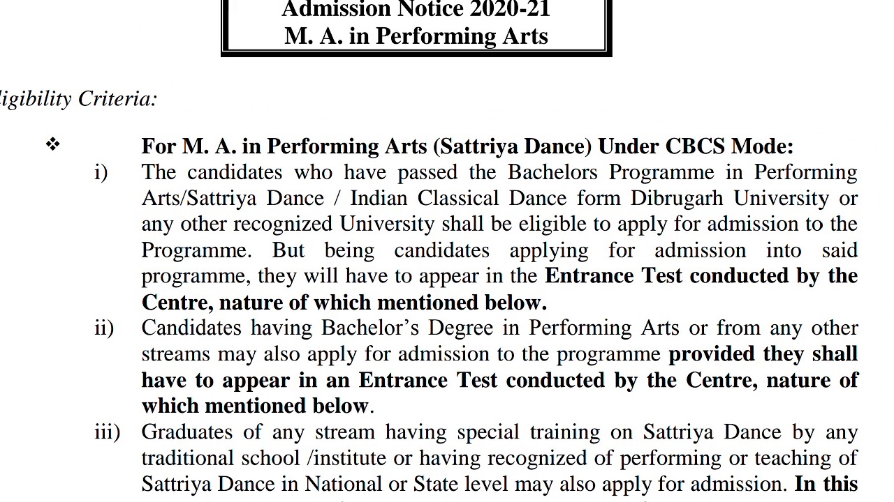M.A in Performing Arts details admission procedure | Dibrugarh University | Smart Gyan |