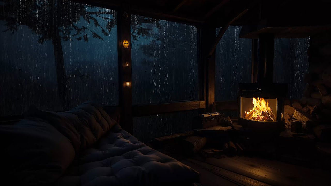 Calm Night by the Fireplace with Rain Sounds During a Rainy Night help to Fall Asleep