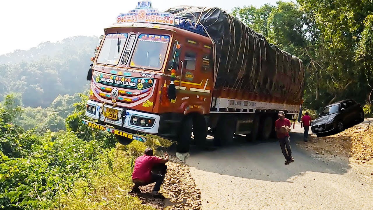 50 Tons Goods Truck Turning at Sharp Curve Ghat Roads -  Fearless Truck Drivers Vs Ghat Roads