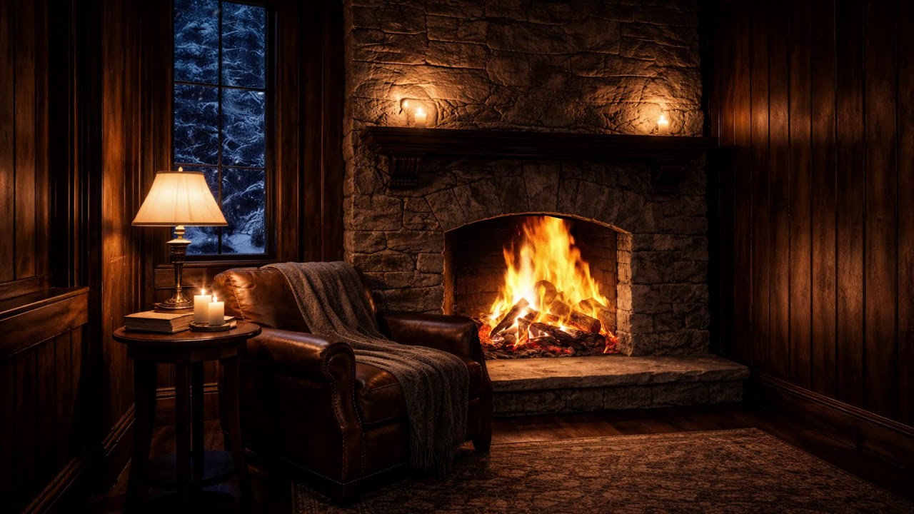🔥 No Ads — Quiet Snowfall Lodge Room 🔥 Warm Fireplace & Soft Candlelight