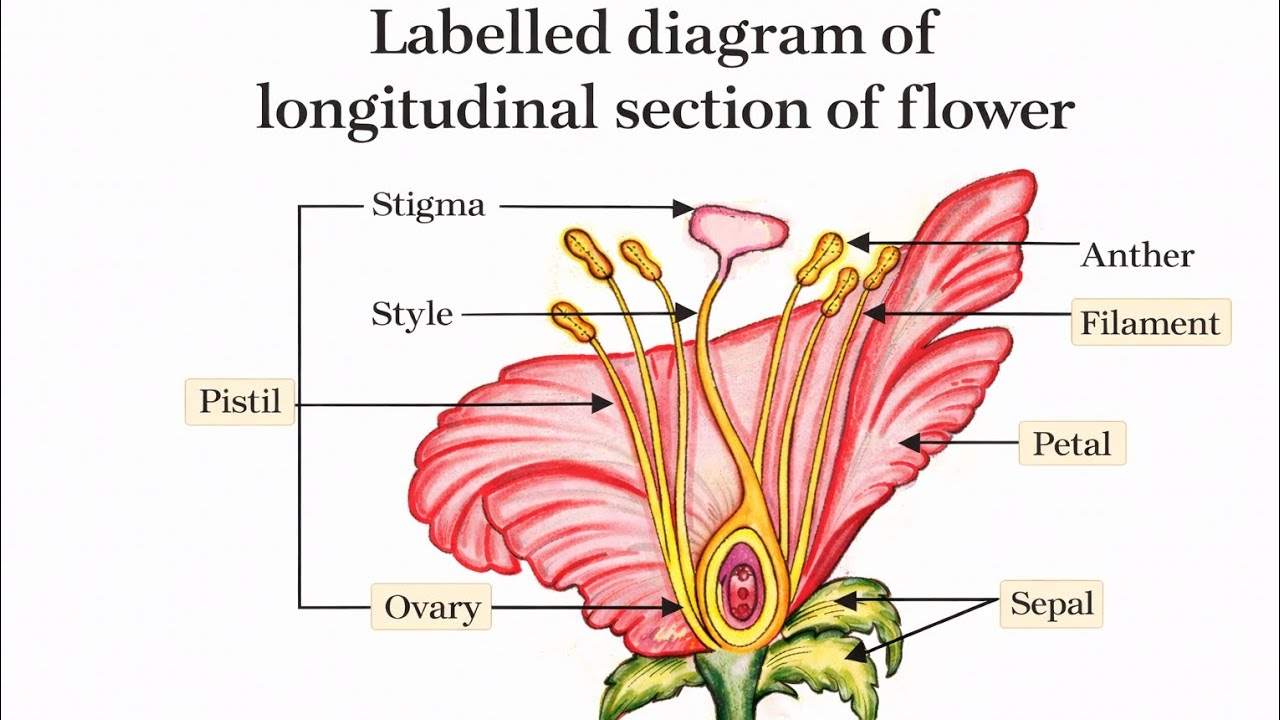 Labelled diagram of longitudinal section of flower class 10
