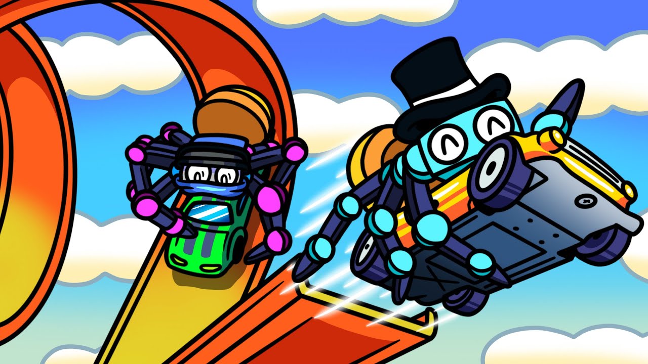 We Ride Hot Wheels Cars and a Loop as Spiders in A Webbing Journey!