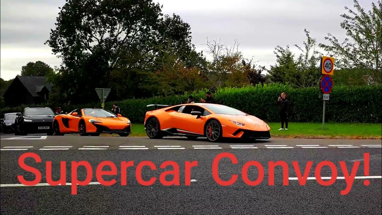 Supercar Convoy Leaving Sharnbrook Charity Supercar Sunday Event - LP670-4 SV, Aventador, Pista
