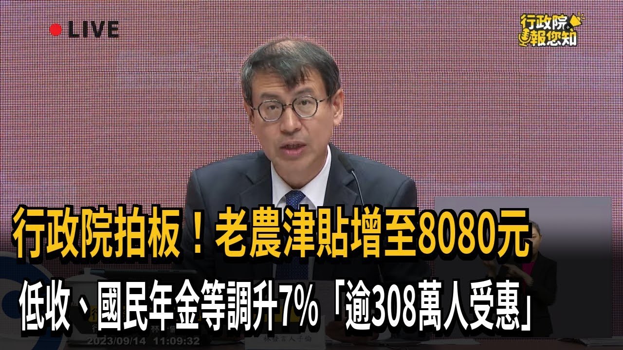 行政院拍板！老農津貼增至8080元　低收、國民年金等調升7％「逾308萬人受惠」－民視新聞