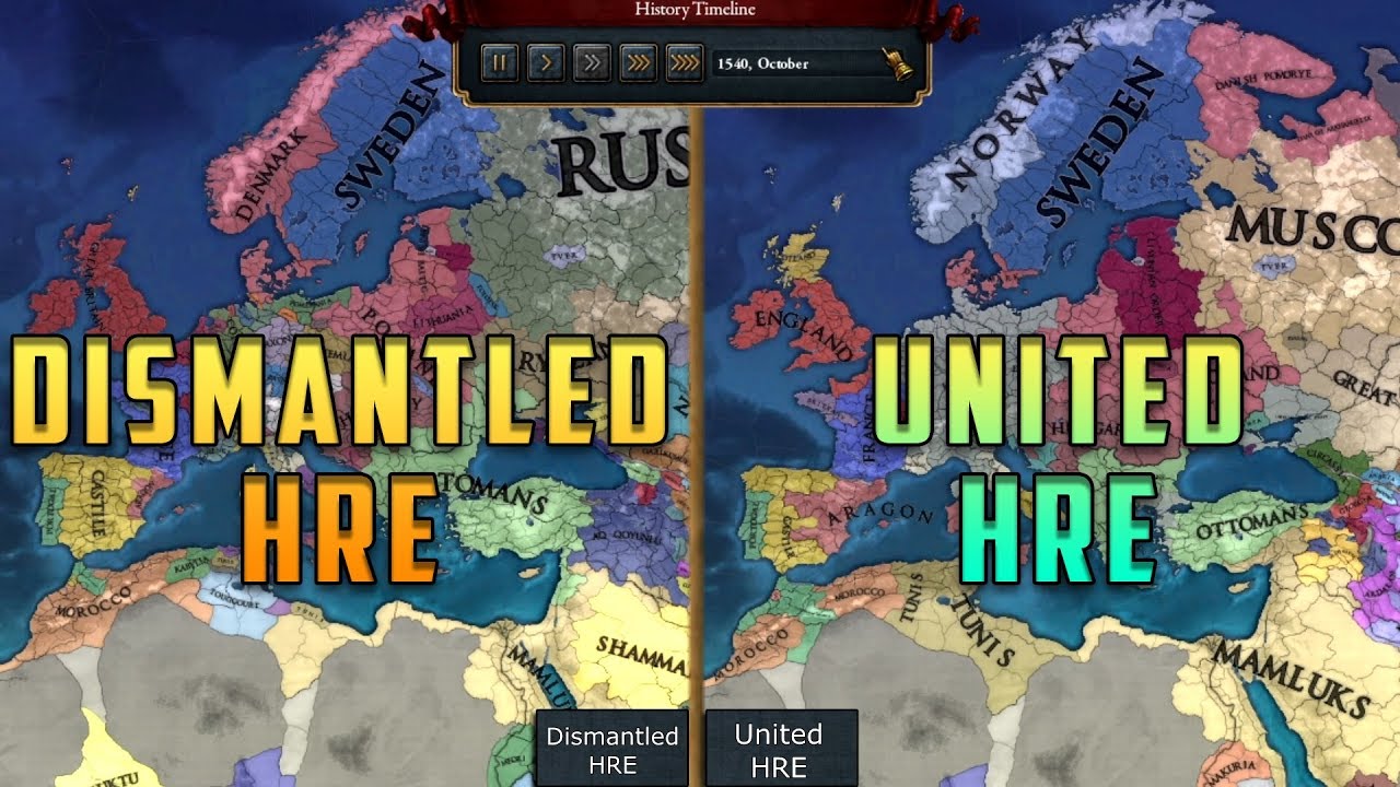 [EU4] Dismantled HRE vs United HRE - Double Timelapse (AI only)