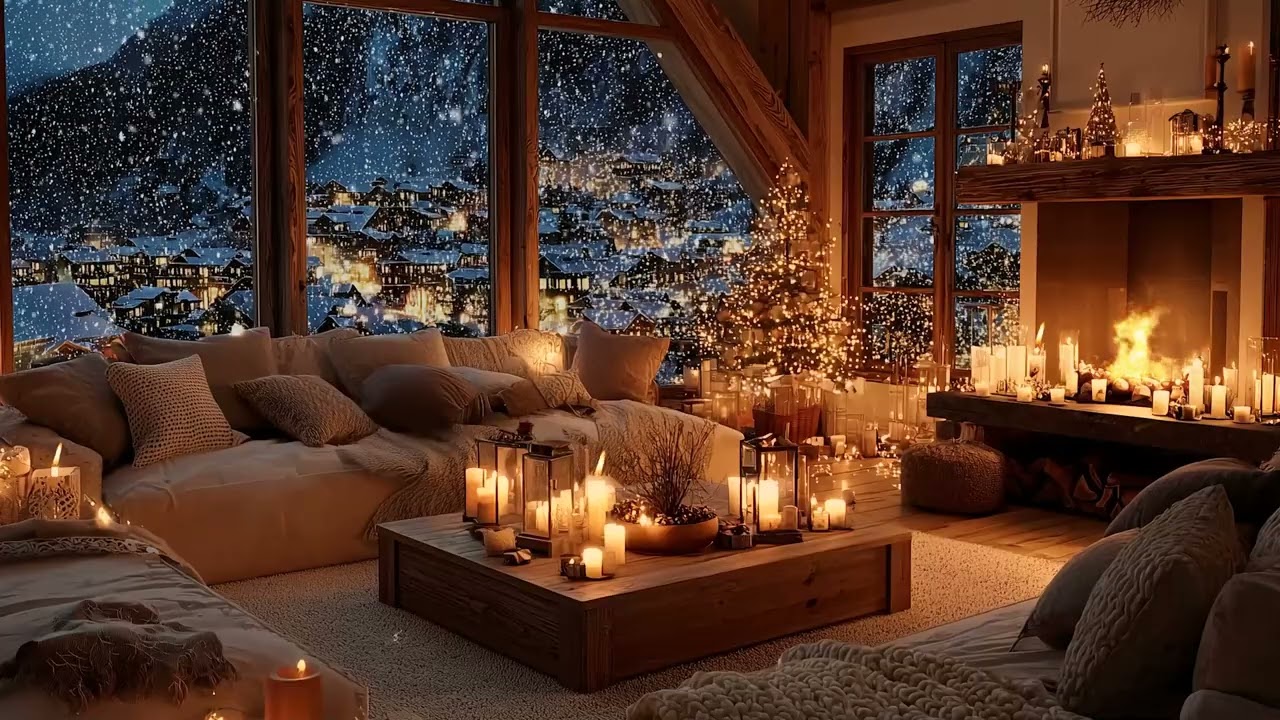 Snowy Holiday Fireplace Ambience ❄️ Cozy Piano Music for Deep Sleep & Stress Relief