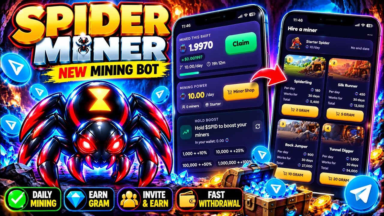 New Mining Bot Spider Mining | Spider Mining Telegram Bot | Crypto Airdrop 2026