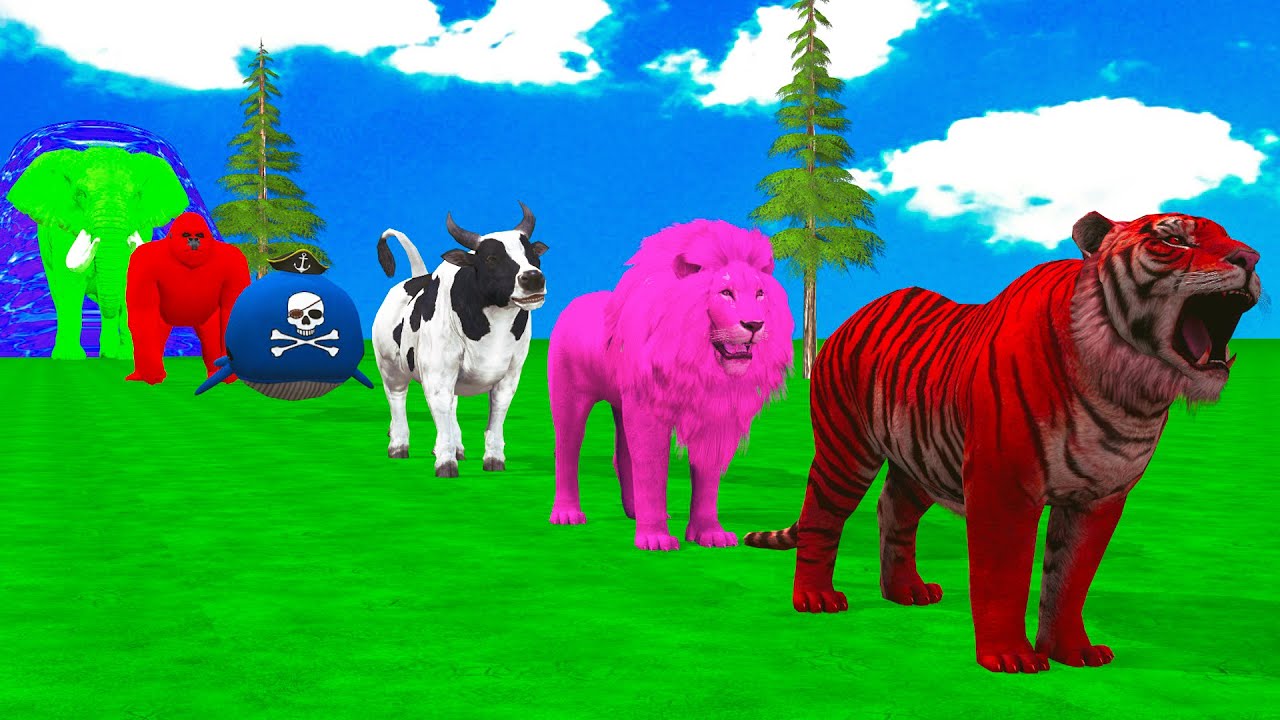 Long Slide Game With Cow Elephant Gorilla Hippopotamus Tiger - 3d Animal Game - Funny 3d Animals