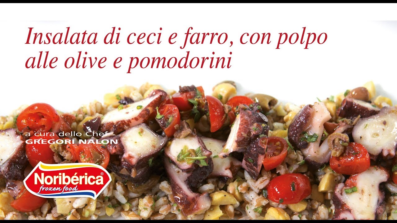 Insalata di ceci e farro con polpo alle olive e pomodorini