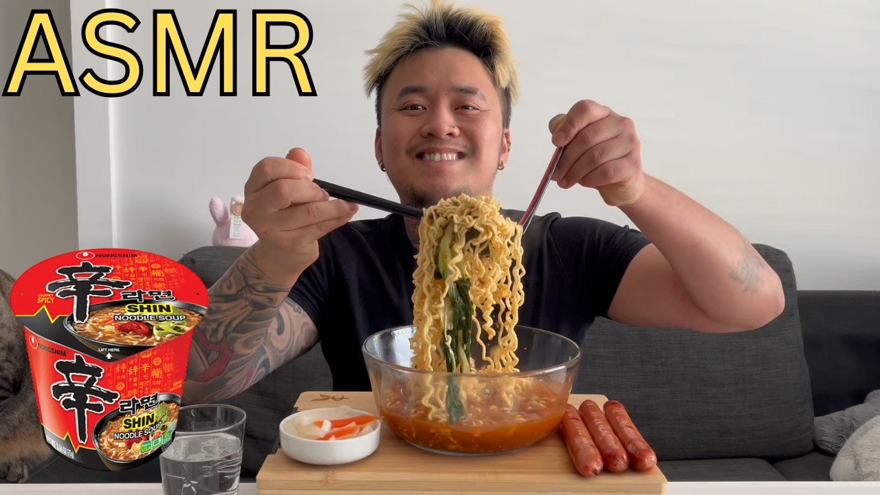 Eating instant noodles, sausage and pickle veggies