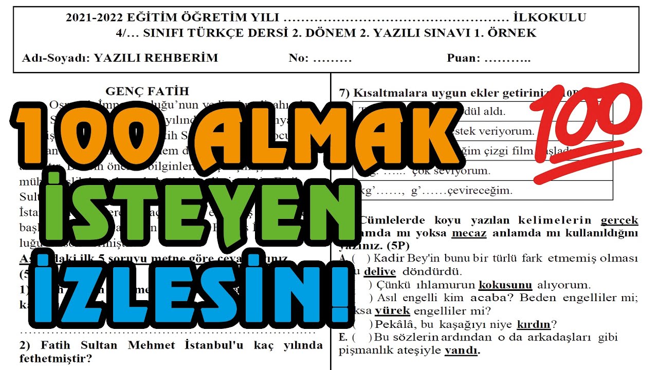 4. Sınıf Türkçe 2. Dönem 2. Yazılı | 1. Örnek 2022