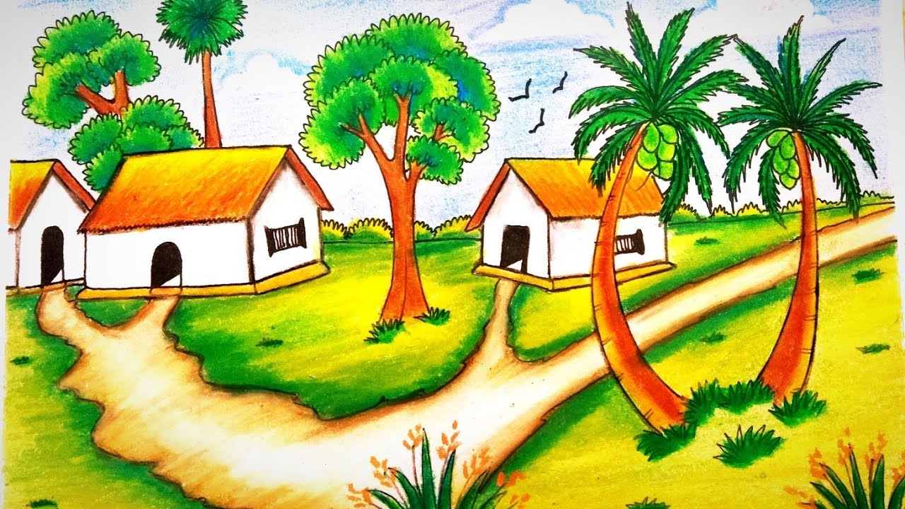 Easy landscape scenery drawing.