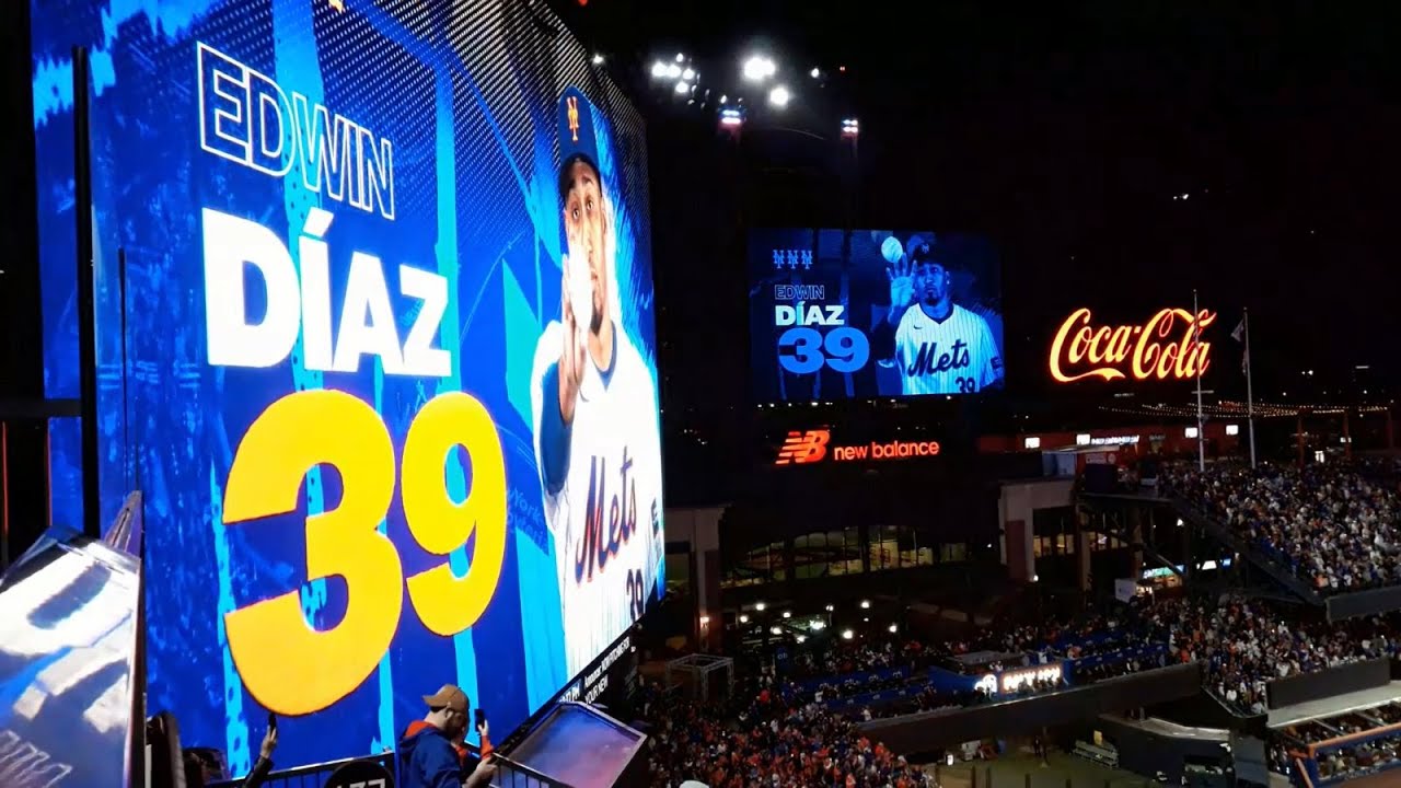 NLDS, Game 4 - the mighty Citi Field scoreboard as Edwin Diaz enters the game - NYM v. PHI, 10/9/24
