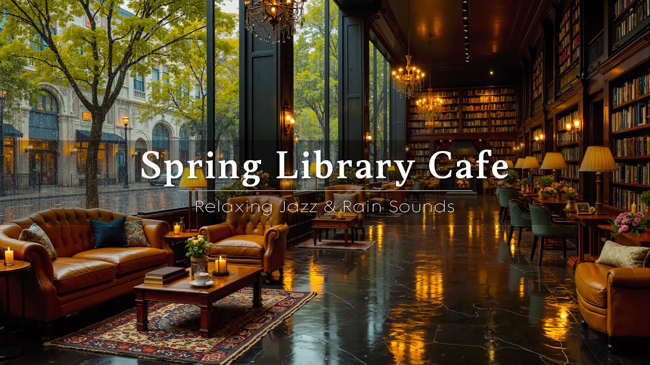 Cozy Library Cafe Ambience in Spring ☕ Soothing Jazz with Warm Fireplace & Rain Sounds for Studying
