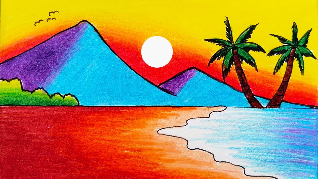 How to Draw Beautiful Sunset in the Beach || Easy Sunset Scenery Drawing For Beginners