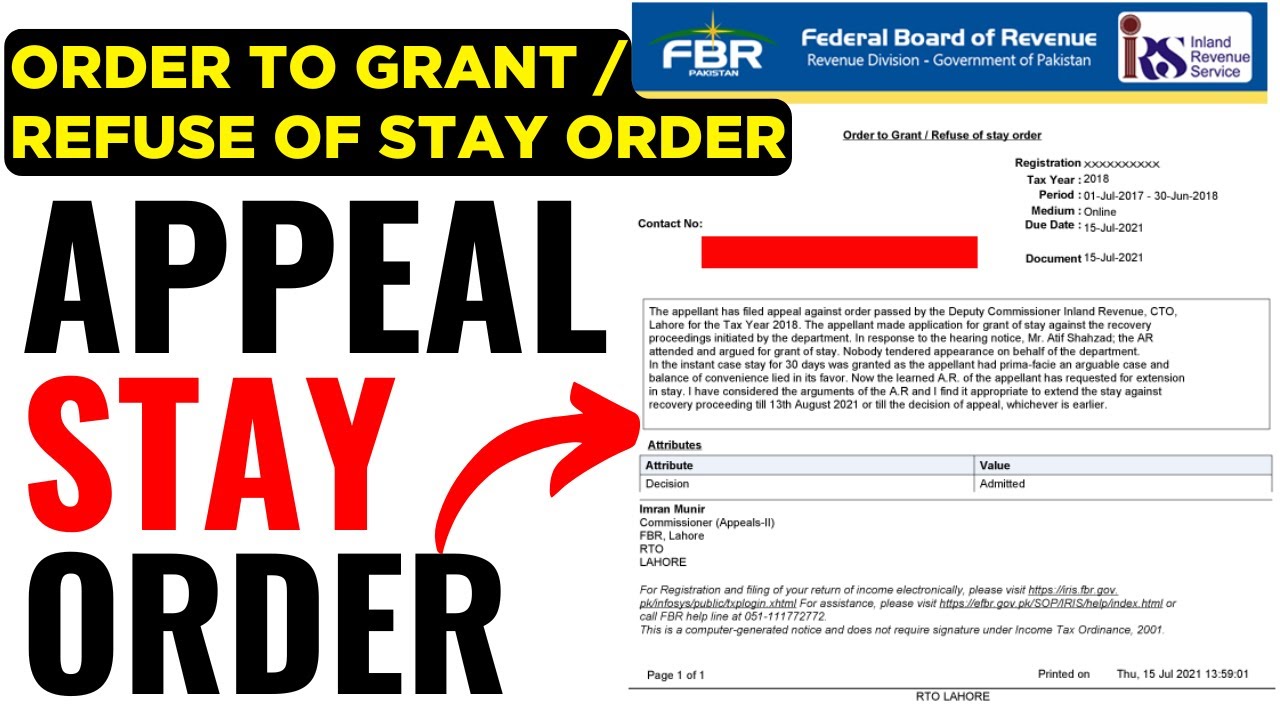 Order to Grant / Refuse of Stay Order | Appeal Stay Order | Stay Application Order on FBR Website