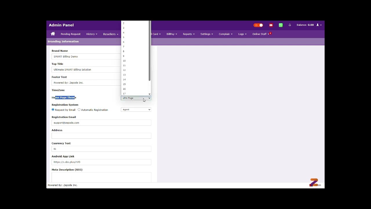 Admin Panel Branding Page Details - SBS PLUS