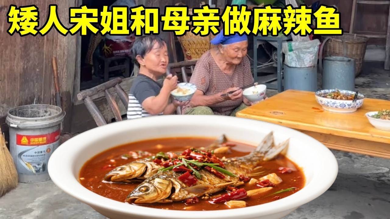 母亲亲自下厨做麻辣鱼，矮人宋姐帮母亲打下手，母女俩吃的真香！#农村生活#袖珍人