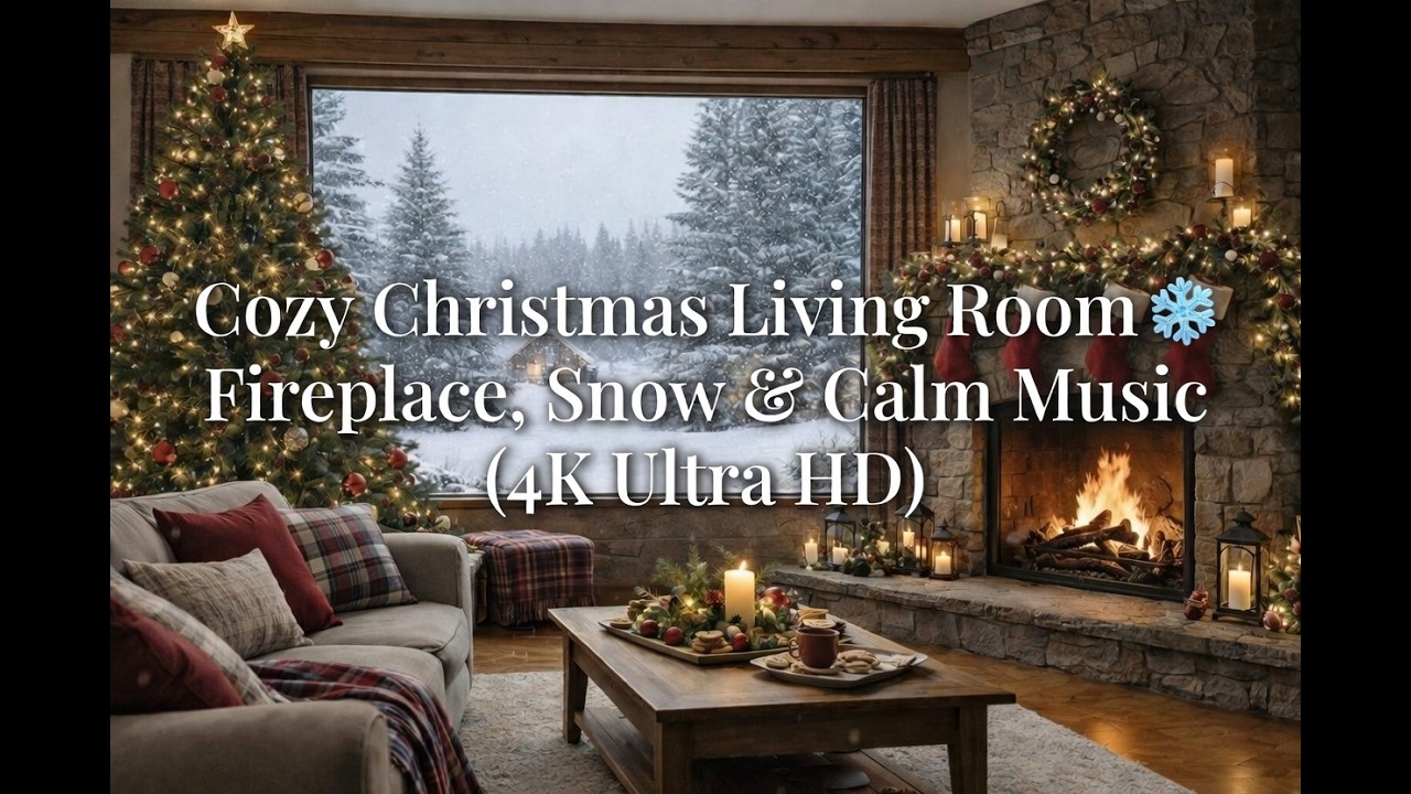 Cozy Christmas Living Room ❄️ Fireplace, Snow & Calm Music (4K Ultra HD)