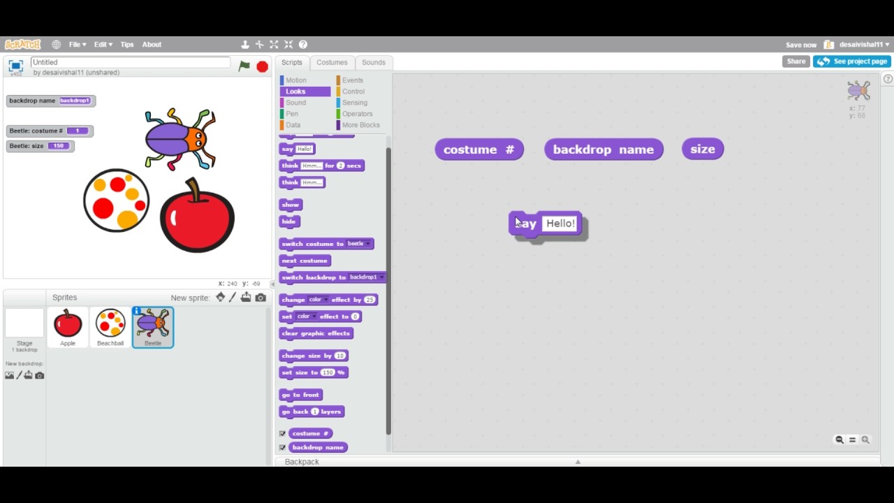Scratch Tutorial - How to use looks reporter blocks (costume, backdrop name and size)?