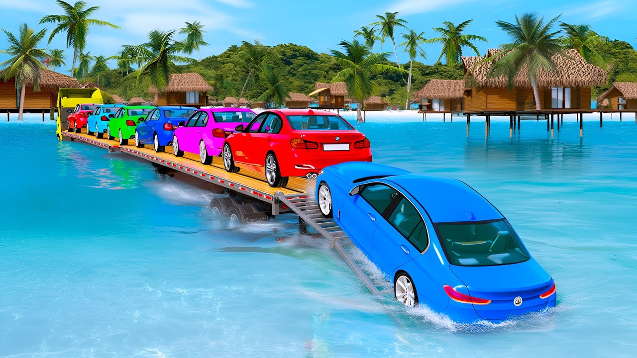 Triple Flatbed Trailer McQueen Transportation with Truck - Speedbumps vs Cars vs Train - BeamNG #02