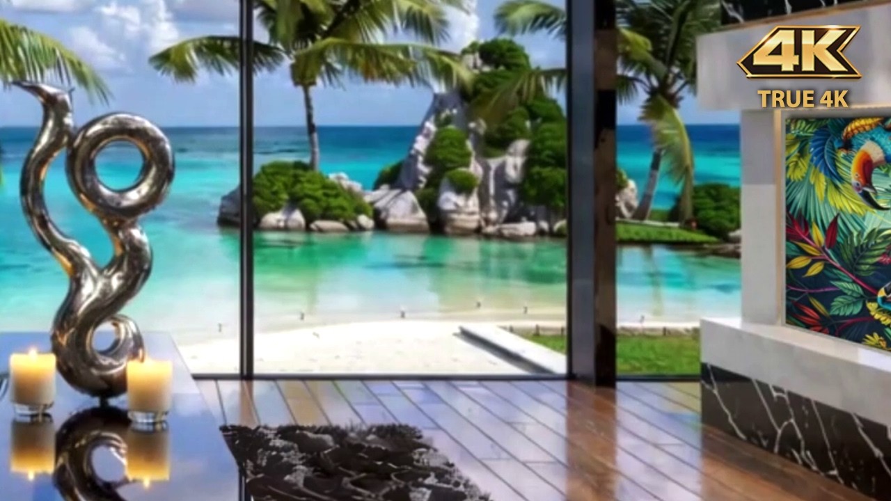 4K Tropical Jazz Island 🌴 Ocean Waves & Relaxing Music Ambience