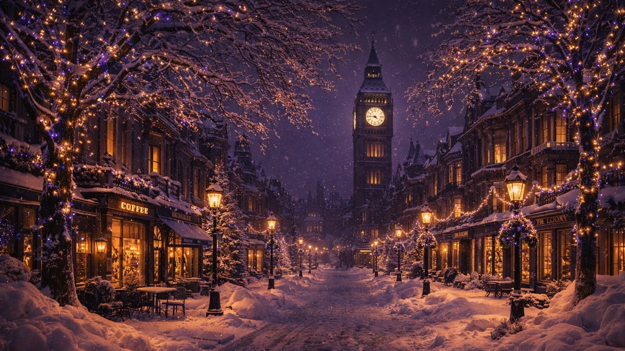 Sleepy Hollow Ambiance | Snowy Victorian City at Night | Clock Tower, Christmas Lights & Soft Music