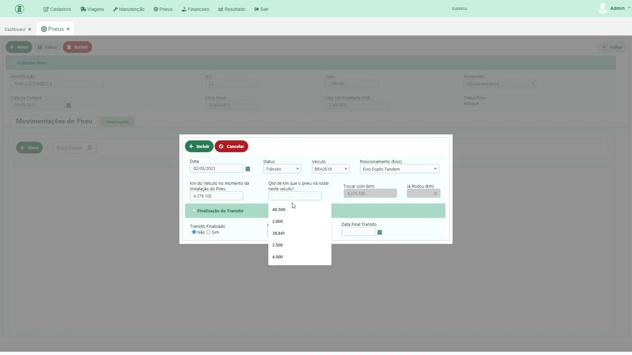 Controle de Pneus - Sistema Controle de Frota