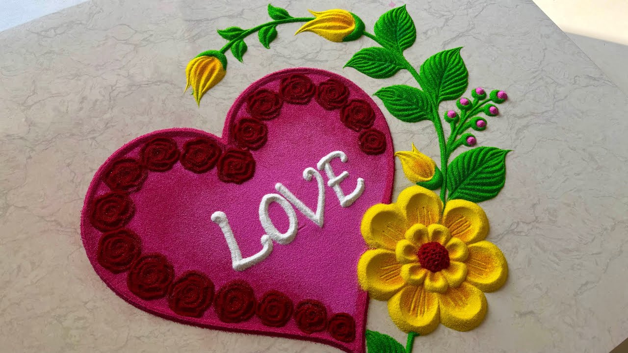 Valentine&rsquo;s day rangoli/ heart rangoli designs/ flower rangoli for valentines day 