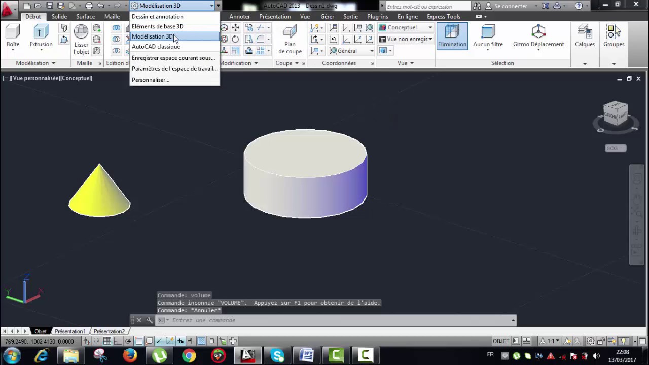 Leçon 12 Autocad : comment trouver le volume d'une forme sur autocad exemple cone,cylindre...