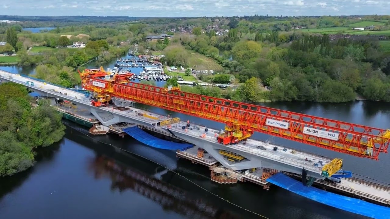 Colne Valley Viaduct HS2, 3rd video on Launching Girder 'Dominique' crossing Harefield Lake No2.